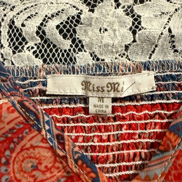 Miss Me Boho Paisley High-Low Dress Size M Orange Rust Smocked Lace Back Western - Picture 5 of 9